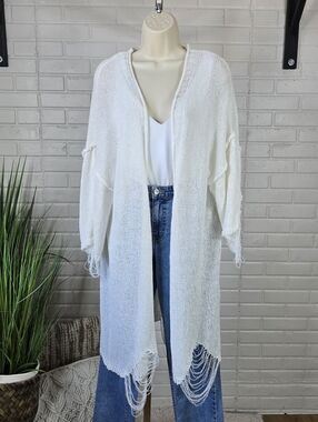 POL White Open Front Distressed Knit Duster Cardigan Oversized Large